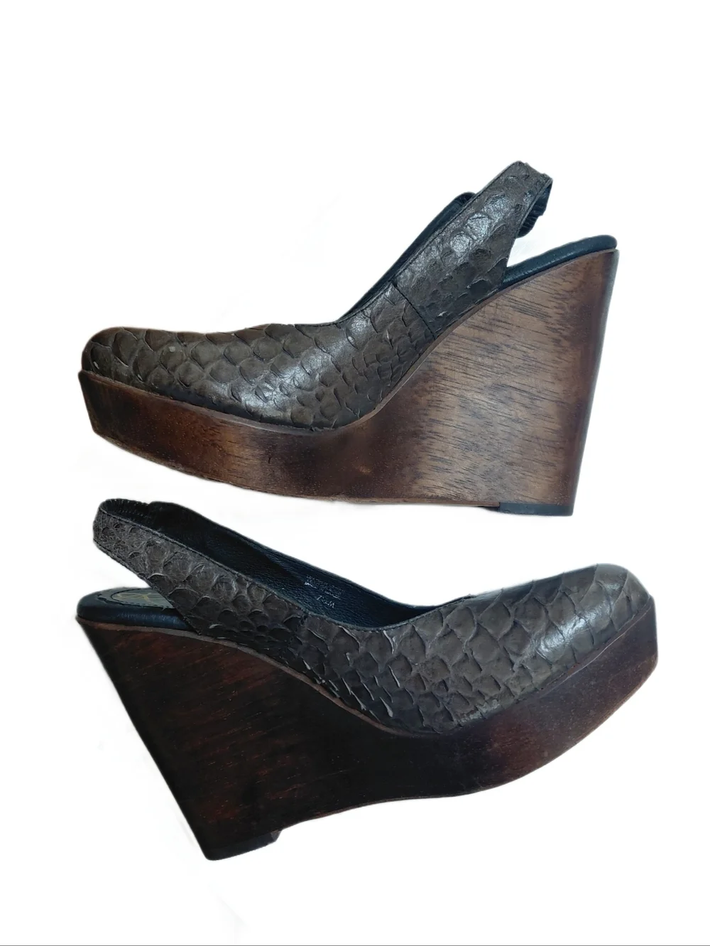 Vintage Rowen Brown Python Textured Leather Wooden Wedge Slingback Shoes Size